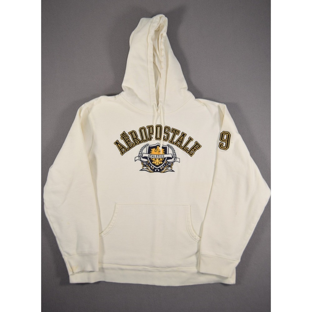 Aeropostale Sweatshirt Mens XL White Hoodie Crest Logo Spell Out Pullover Y2k